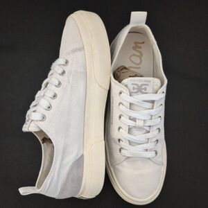 Sam Edelman Sonia Leather Fabric Platform Sneakers White Cream Lace Up Shoes 8.5